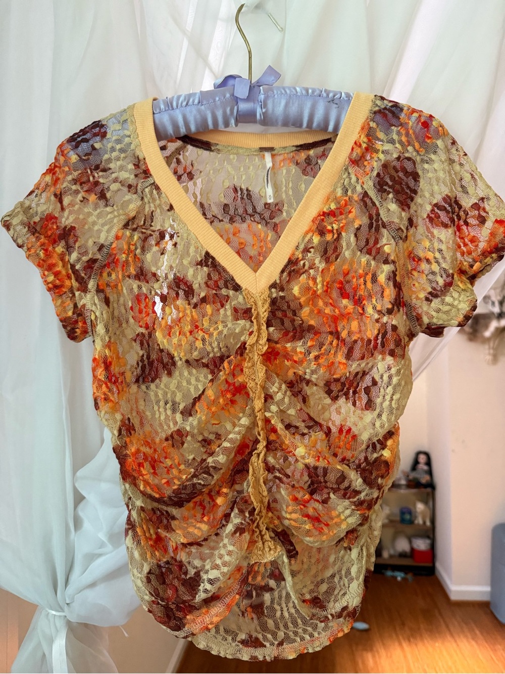 Free people Yellow Floral Lace Ruched V-Neck Top
